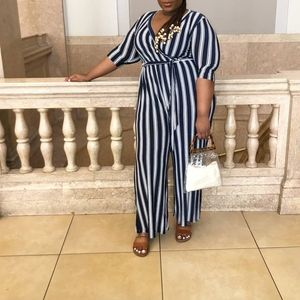 White and Dark Blue Striped Jumpsuit